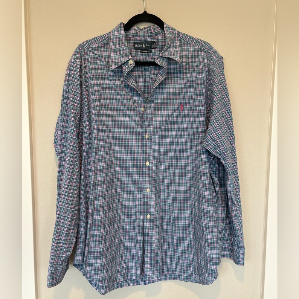 Ralph Lauren Blue and Pink Plaid Men's Button-Down Shirt - Easter colors!🐣 221